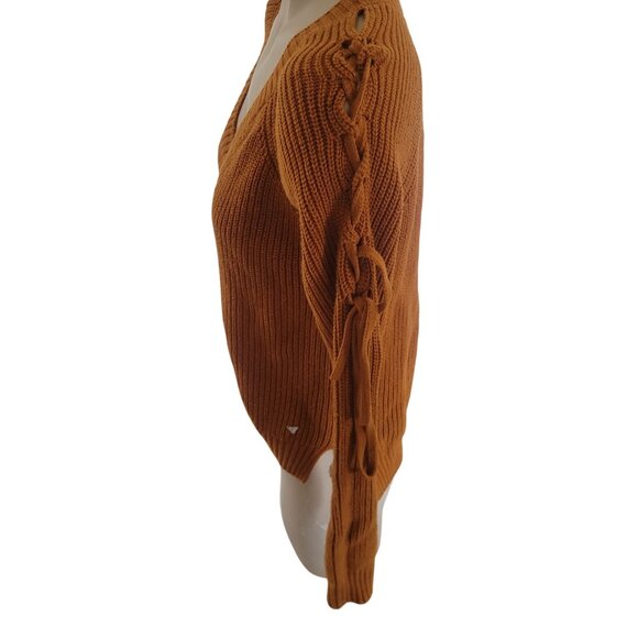 Guess Womens S Mustard Knit Sweater With Lace-Up Sleeves V-Neck Stylish Fall War - Picture 4 of 6